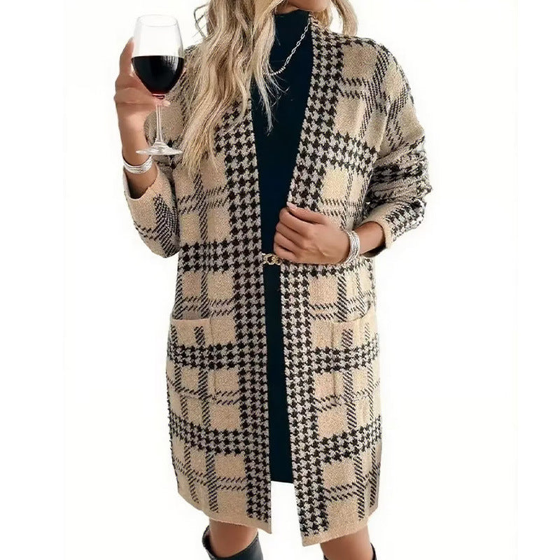 Women's Houndstooth Knitted Long Knitted Jacket Viral Finds Hub
