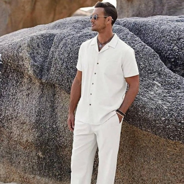 American-style Vintage Short-sleeve Shirt And Casual Trousers Two-piece Set Viral Finds Hub