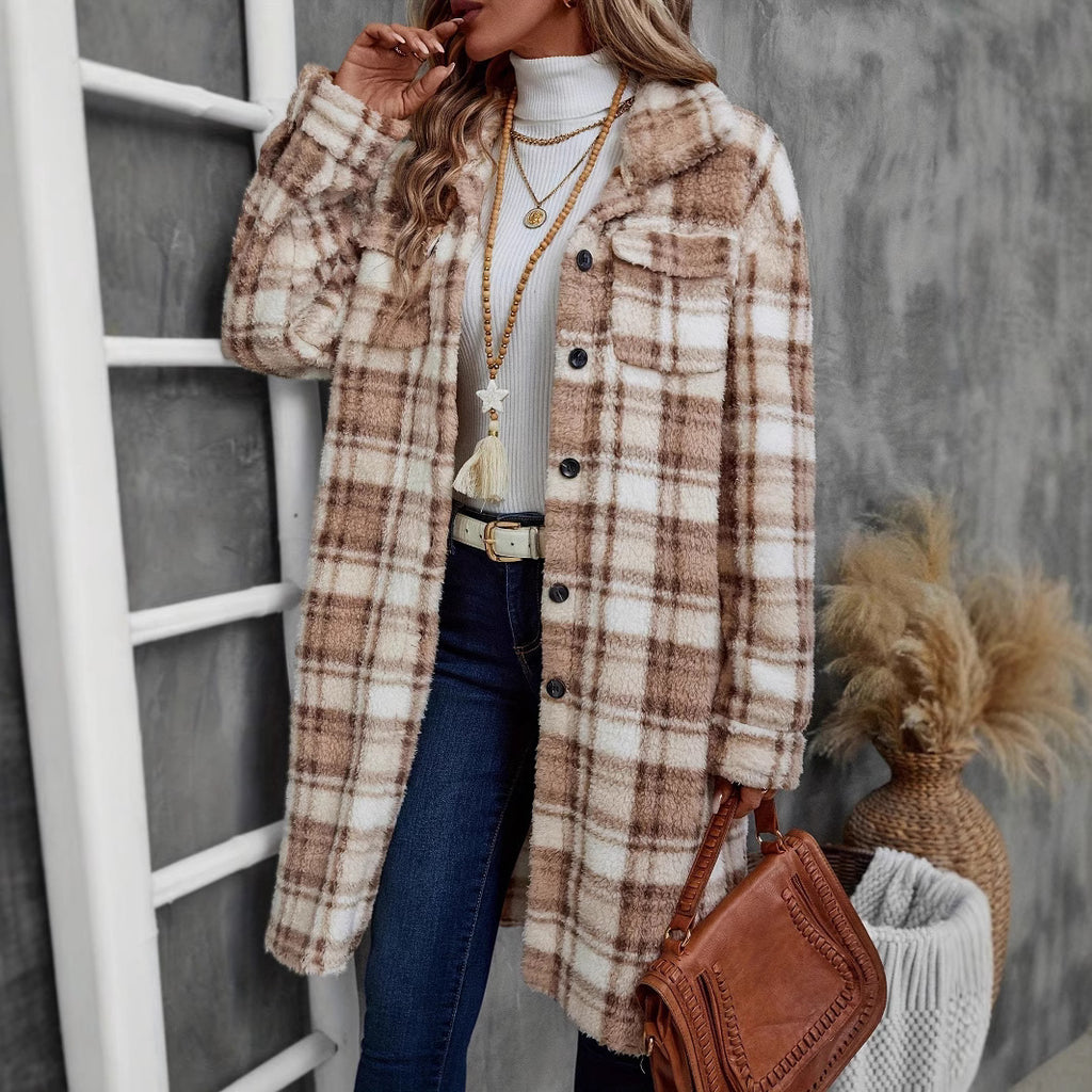 Women's Printed Plaid Long Double-sided Plush Patch Pocket Button Coat Viral Finds Hub