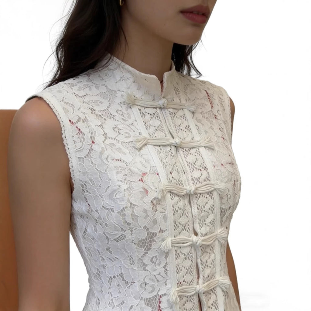 Fashionable Lace Crochet Stand Collar Slim-fit Sleeveless Shirt Viral Finds Hub