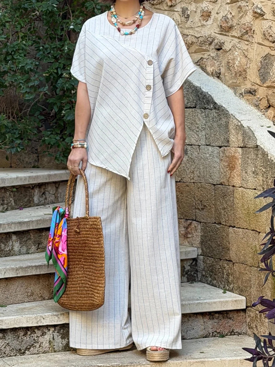 Striped Short-sleeve Shirt And Loose-fitting Pants Two-piece Set Viral Finds Hub