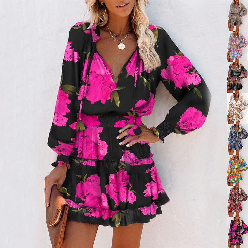 Flowers Print Long Sleeve Dress Fashion Patchwork Puff Sleeve Waist Dresses Womens Clothing Viral Finds Hub