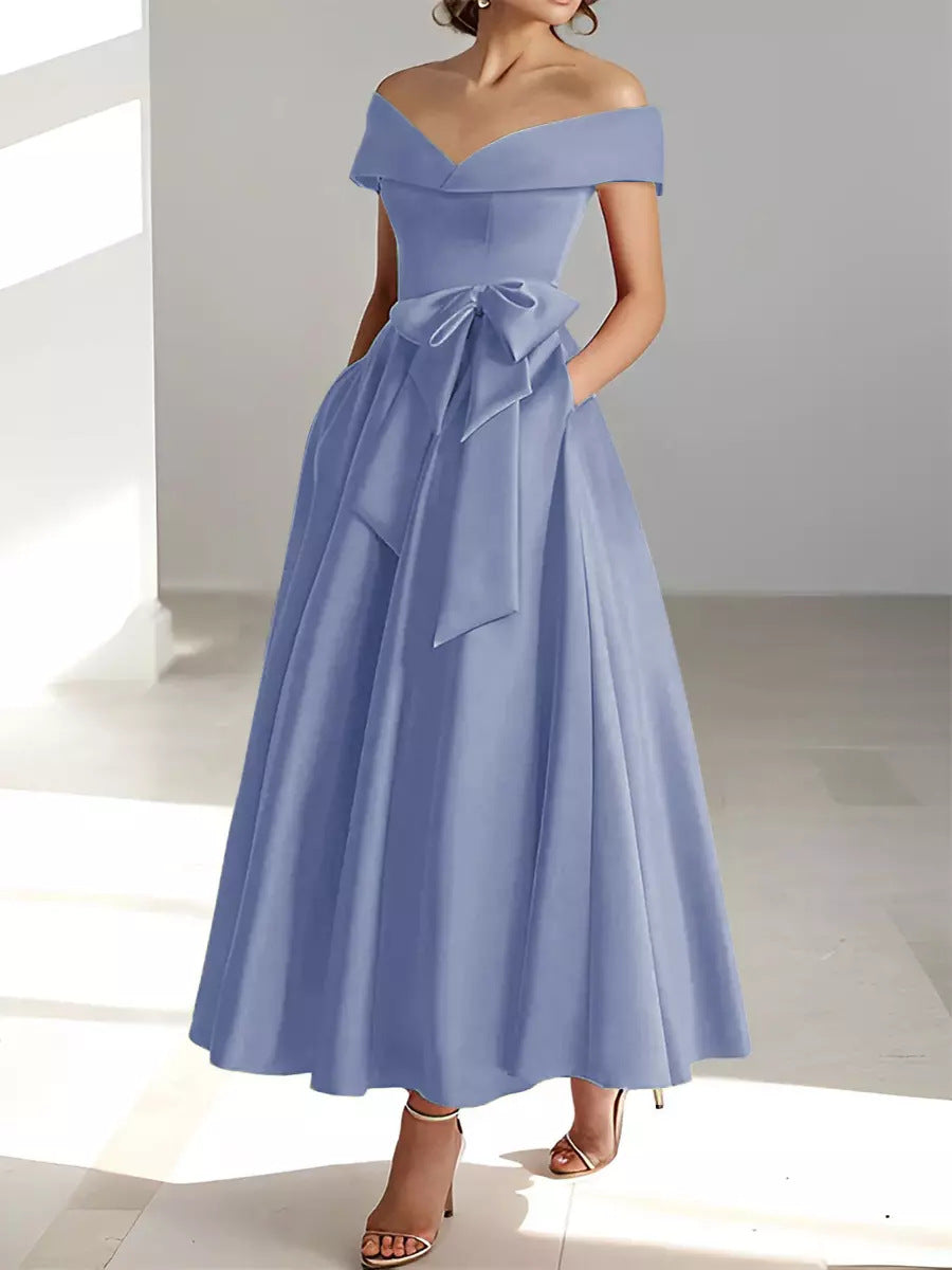 Satin Gown New Style Banquet Dress Off-shoulder Midi Length Viral Finds Hub