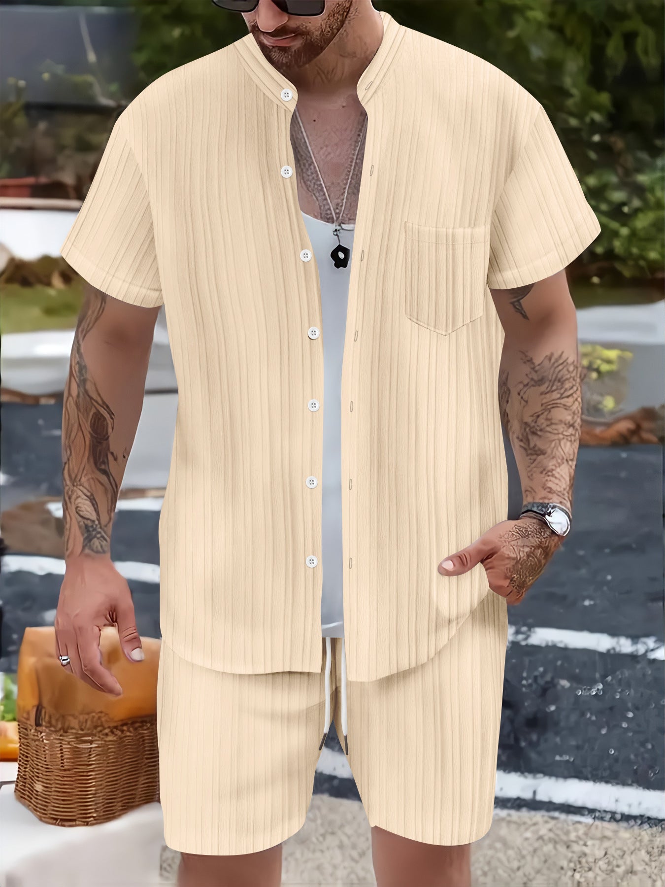 Fashionable Casual Stand Collar Pocket Short-Sleeve Shirt And Mens Shorts Two-Piece Set Viral Finds Hub