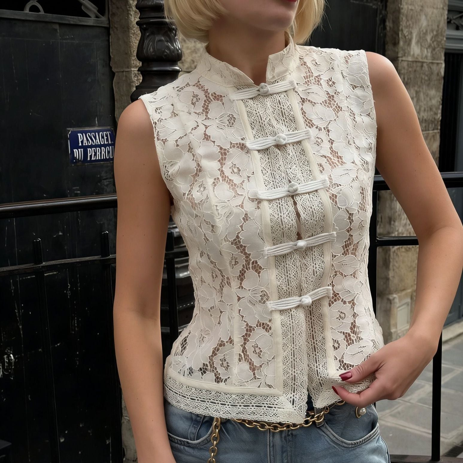 Fashionable Lace Crochet Stand Collar Slim-fit Sleeveless Shirt Viral Finds Hub