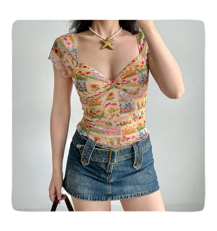 Oil Painting Flower Printed V-neck T-shirt Women's Mesh Short Sleeve Top Viral Finds Hub