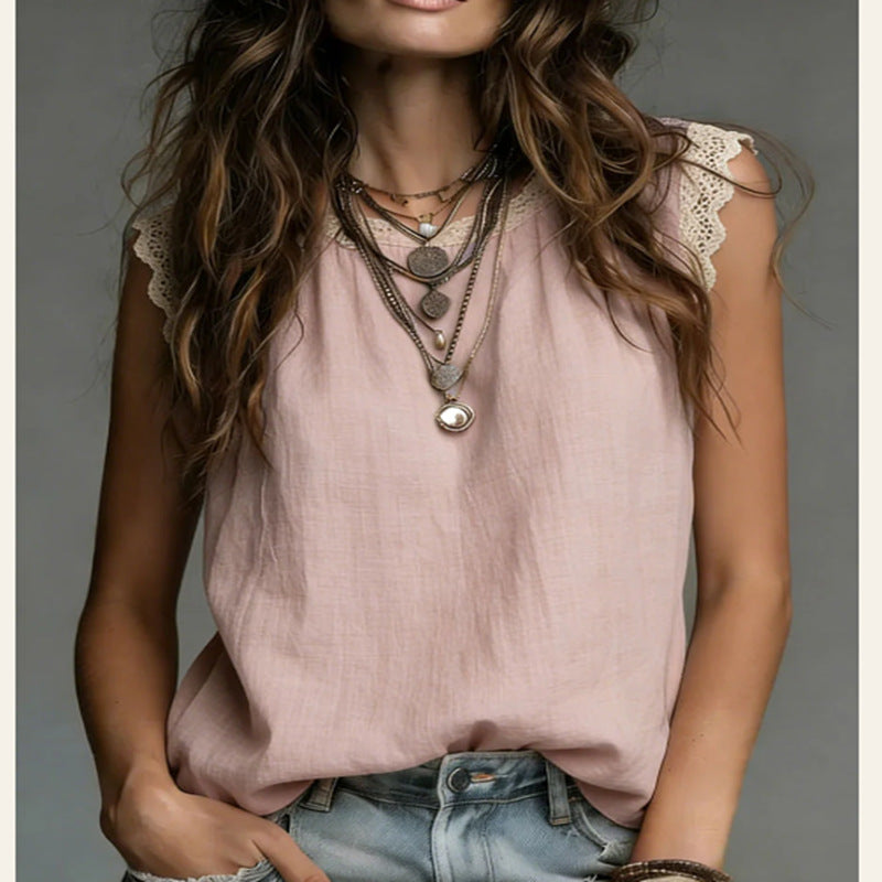 Womens Lace-Patchwork Crew-Neck Sleeveless Cotton-Linen Shirt Viral Finds Hub