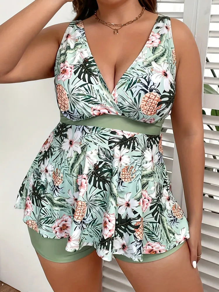 Large Size Women's Swimsuit, Green, Fresh And Fashionable Split Type Tankini Swimsuit Viral Finds Hub