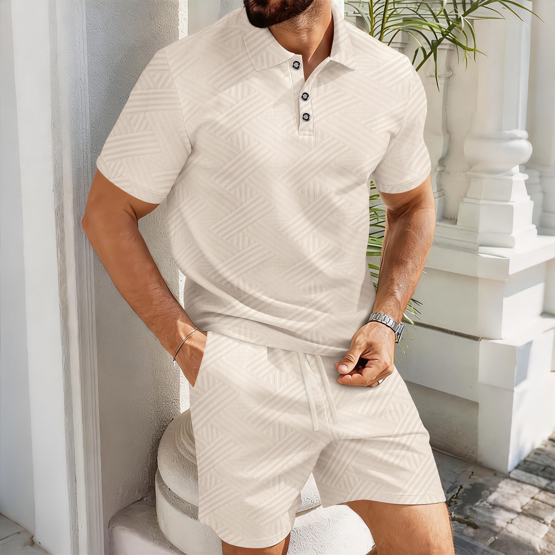 Solid-color Jacquard Short-sleeve Polo Shirt And Shorts Casual Two-piece Set Viral Finds Hub