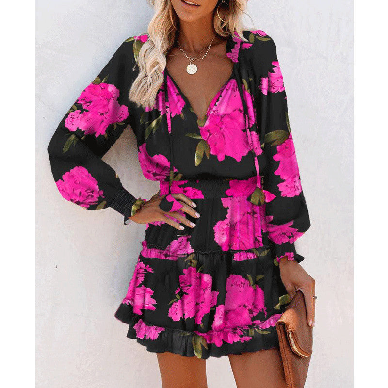 Flowers Print Long Sleeve Dress Fashion Patchwork Puff Sleeve Waist Dresses Womens Clothing Viral Finds Hub