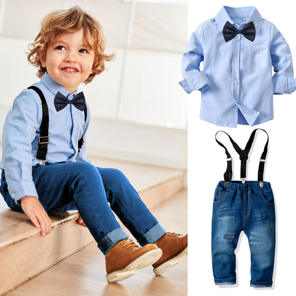 Boy's baby cotton long-sleeved collar shirt denim suspenders trousers suit Viral Finds Hub