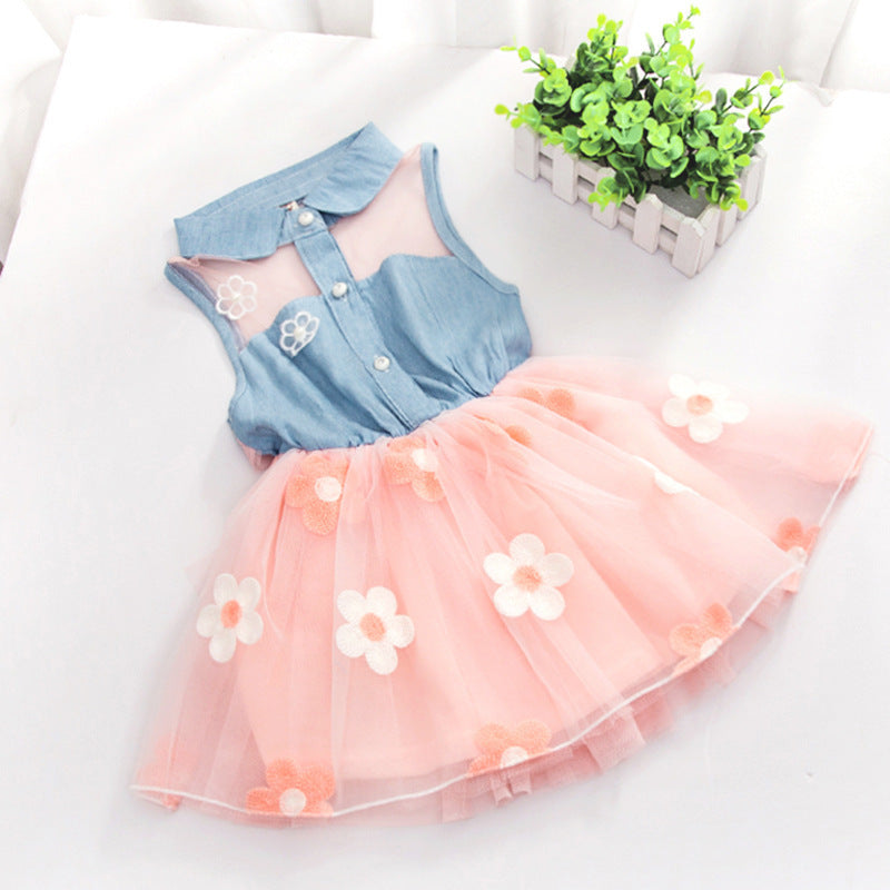 Girls' Dresses, Summer Children'S Korean Denim Skirts, Pure Color Flower Mesh Skirts, Baby Princess Puffy Skirts Viral Finds Hub