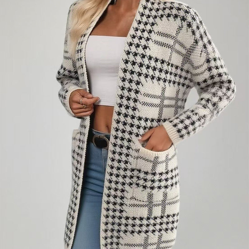 Women's Houndstooth Knitted Long Knitted Jacket Viral Finds Hub