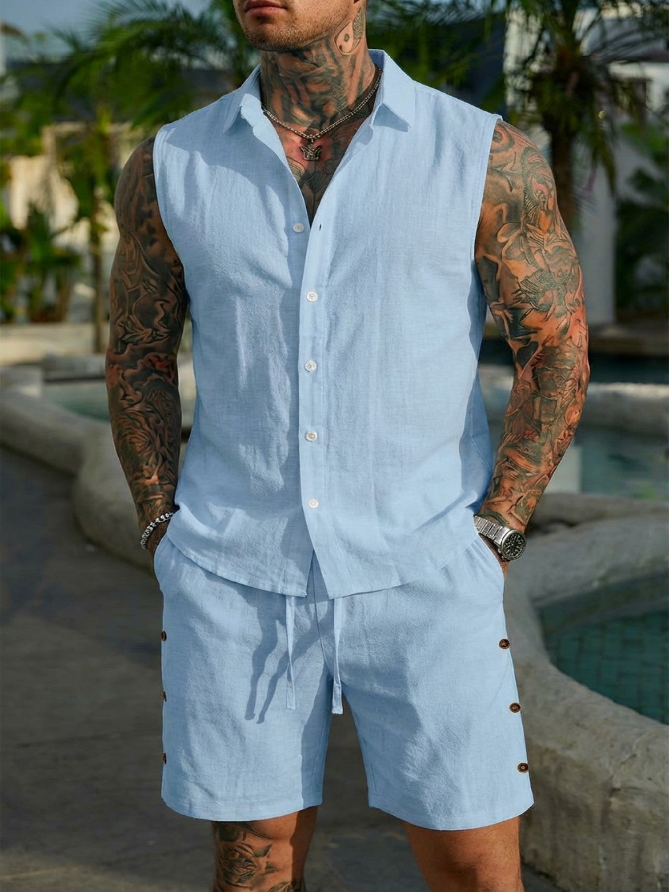 Men's Solid-Colored Linen Breathable Beach Set Viral Finds Hub