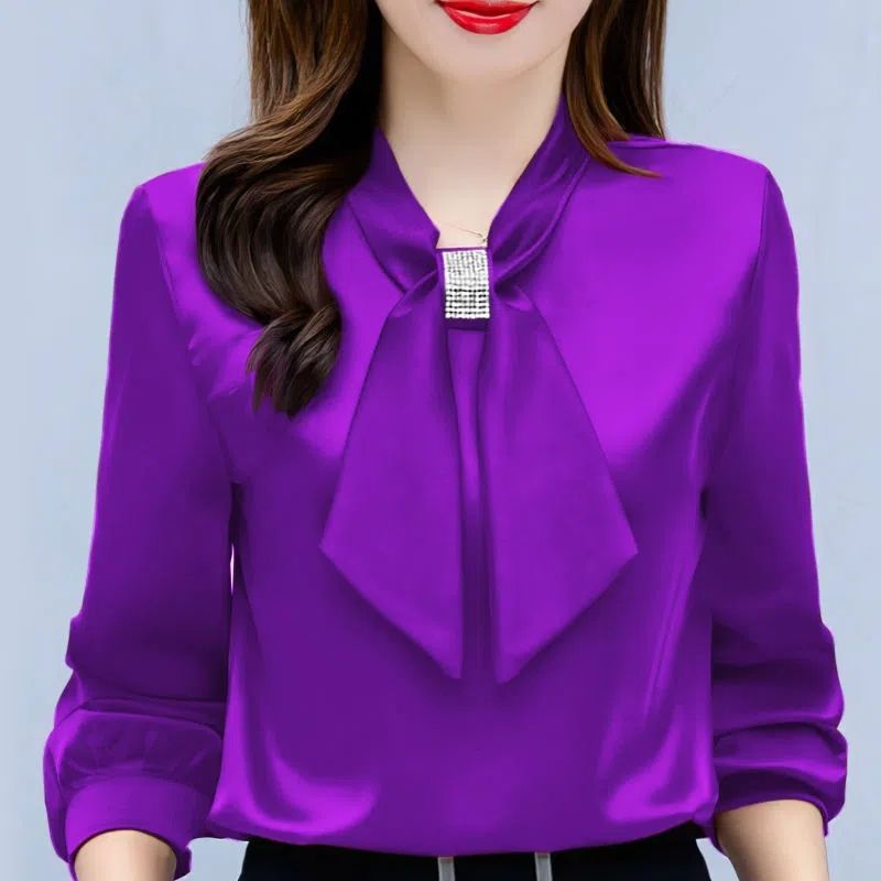 Satin V-Neck Business Temperament Shirt Long Sleeve Bow Solid Color Bow Diamond Top Viral Finds Hub