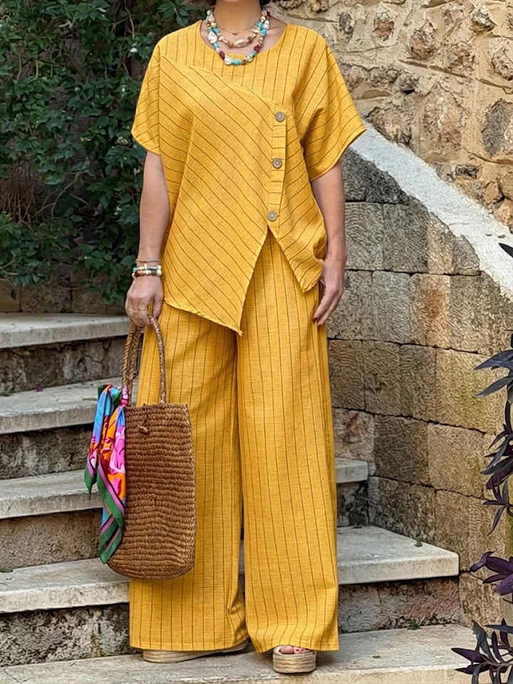 Striped Short-sleeve Shirt And Loose-fitting Pants Two-piece Set Viral Finds Hub