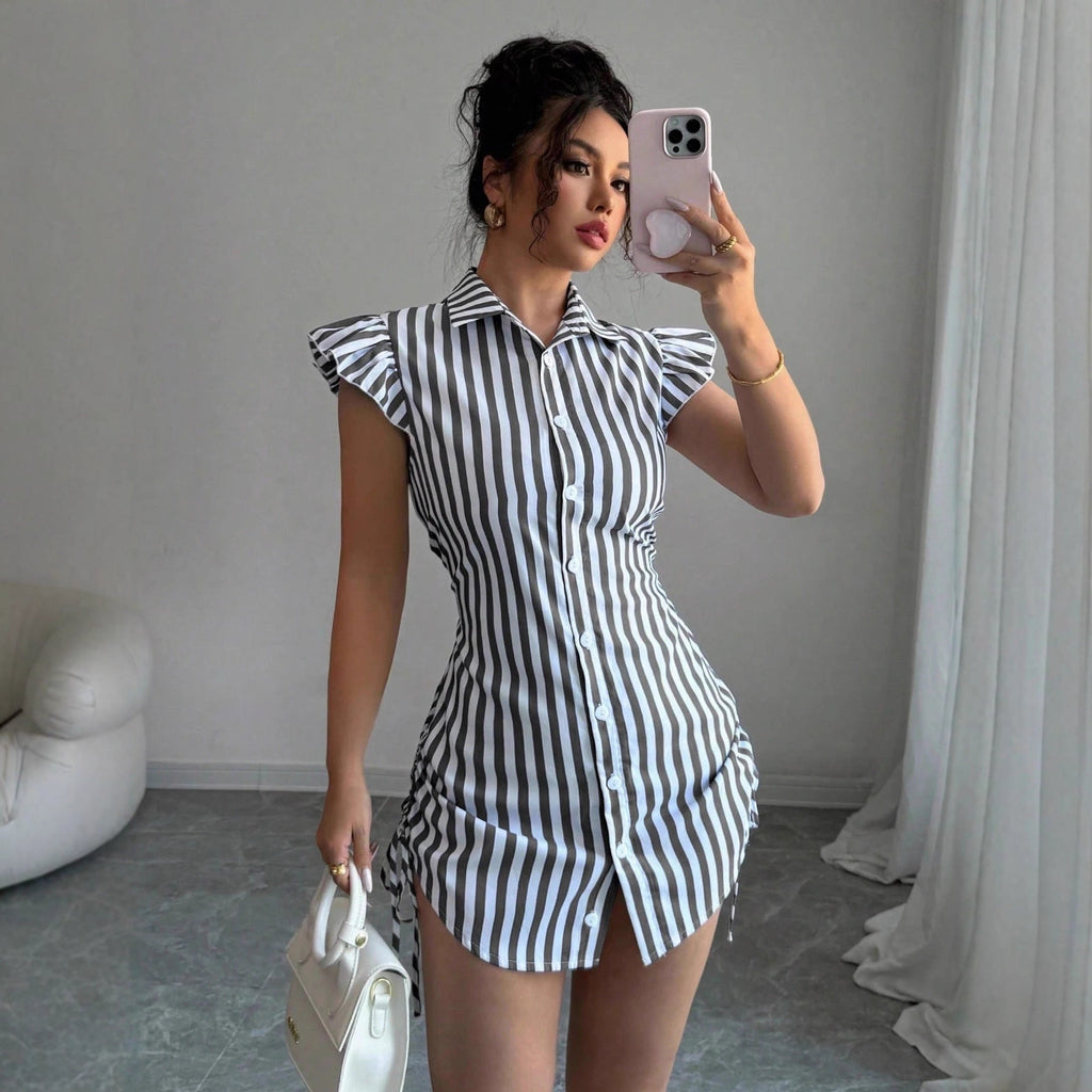 Striped Shirt-collar Casual Waist-cinched Chic Dress Viral Finds Hub