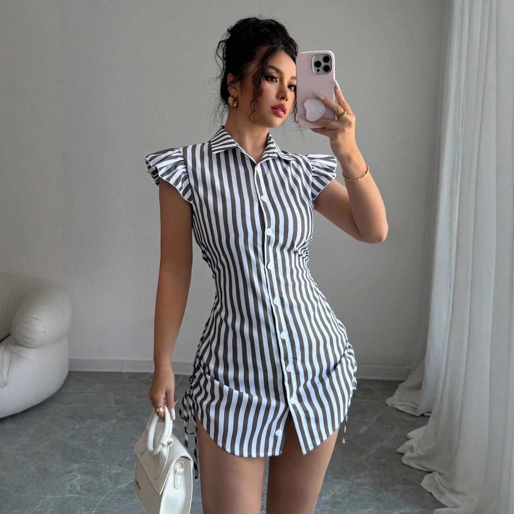 Striped Shirt-collar Casual Waist-cinched Chic Dress Viral Finds Hub