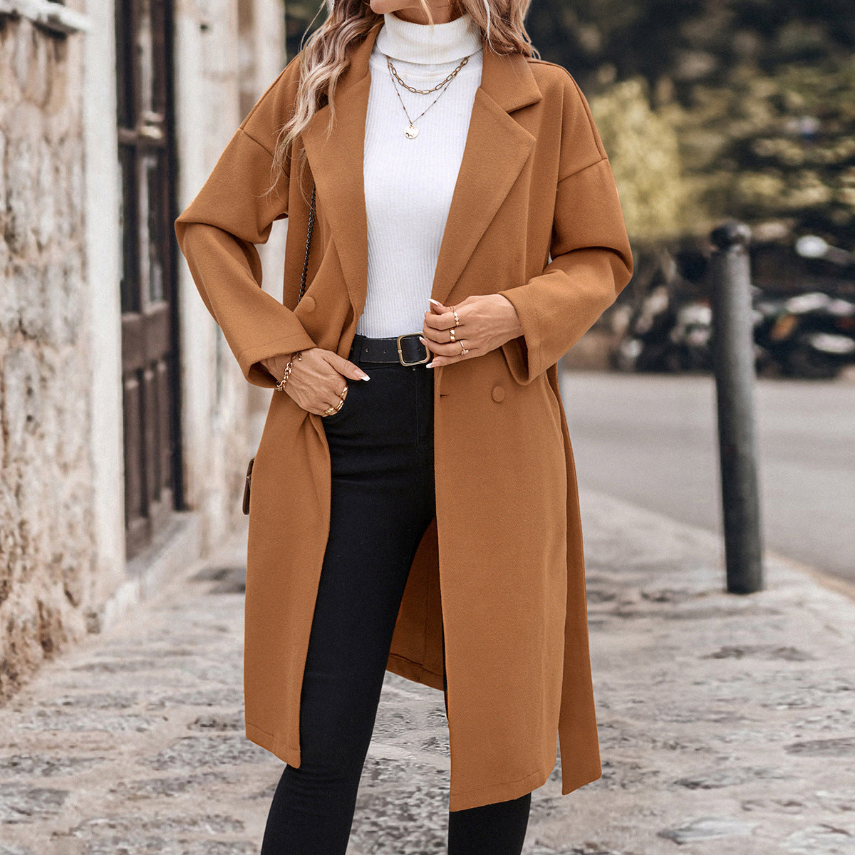 Women's Lace-up Extended Solid Color Woolen Coat Viral Finds Hub