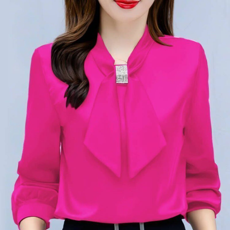 Satin V-Neck Business Temperament Shirt Long Sleeve Bow Solid Color Bow Diamond Top Viral Finds Hub