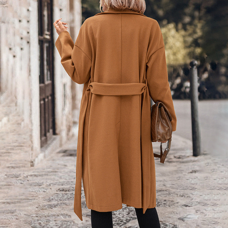 Women's Lace-up Extended Solid Color Woolen Coat Viral Finds Hub