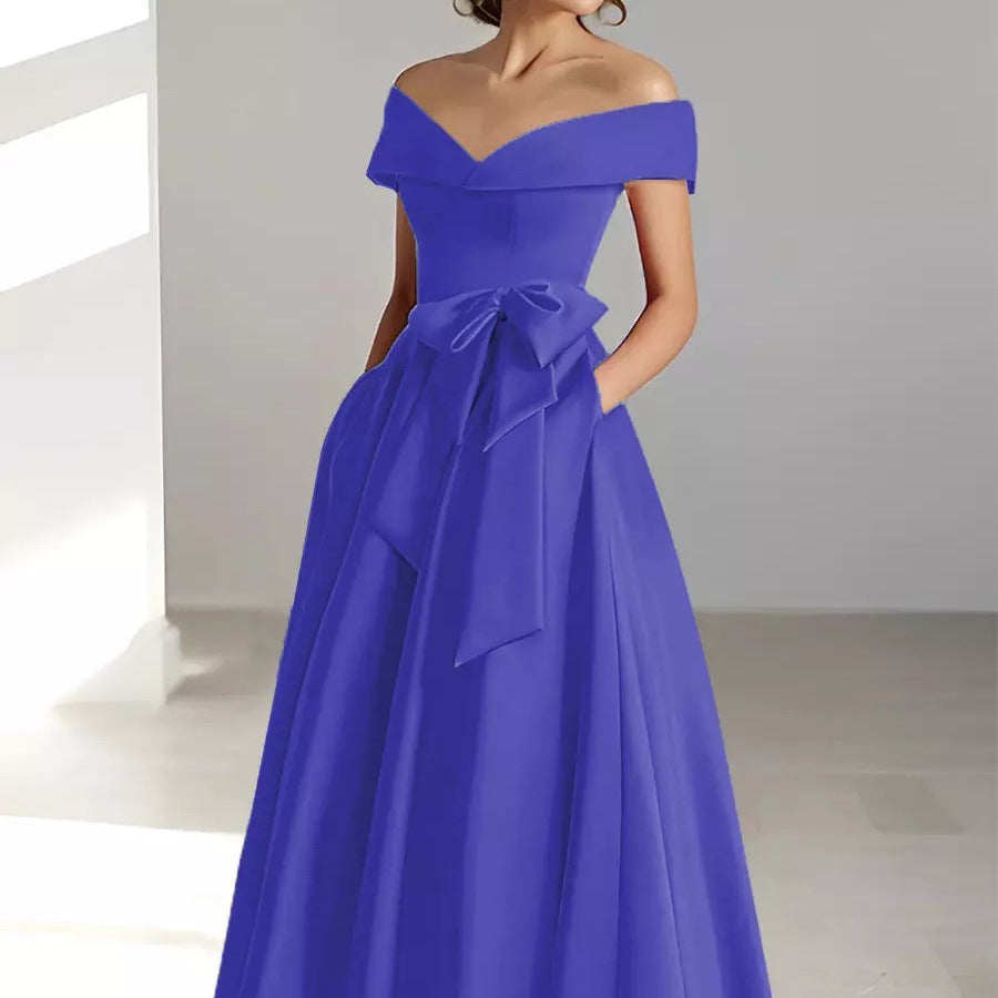 Satin Gown New Style Banquet Dress Off-shoulder Midi Length Viral Finds Hub
