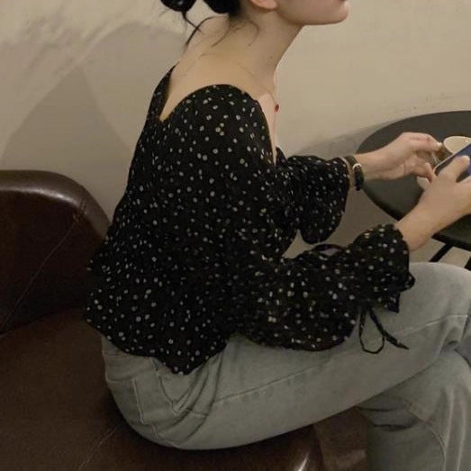 French-style Off-shoulder Square-neck Puffed-sleeve Black Floral Chiffon Blouse Viral Finds Hub