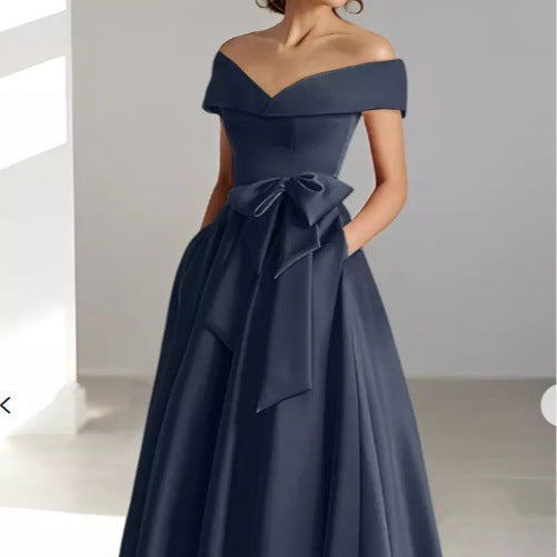 Satin Gown New Style Banquet Dress Off-shoulder Midi Length Viral Finds Hub