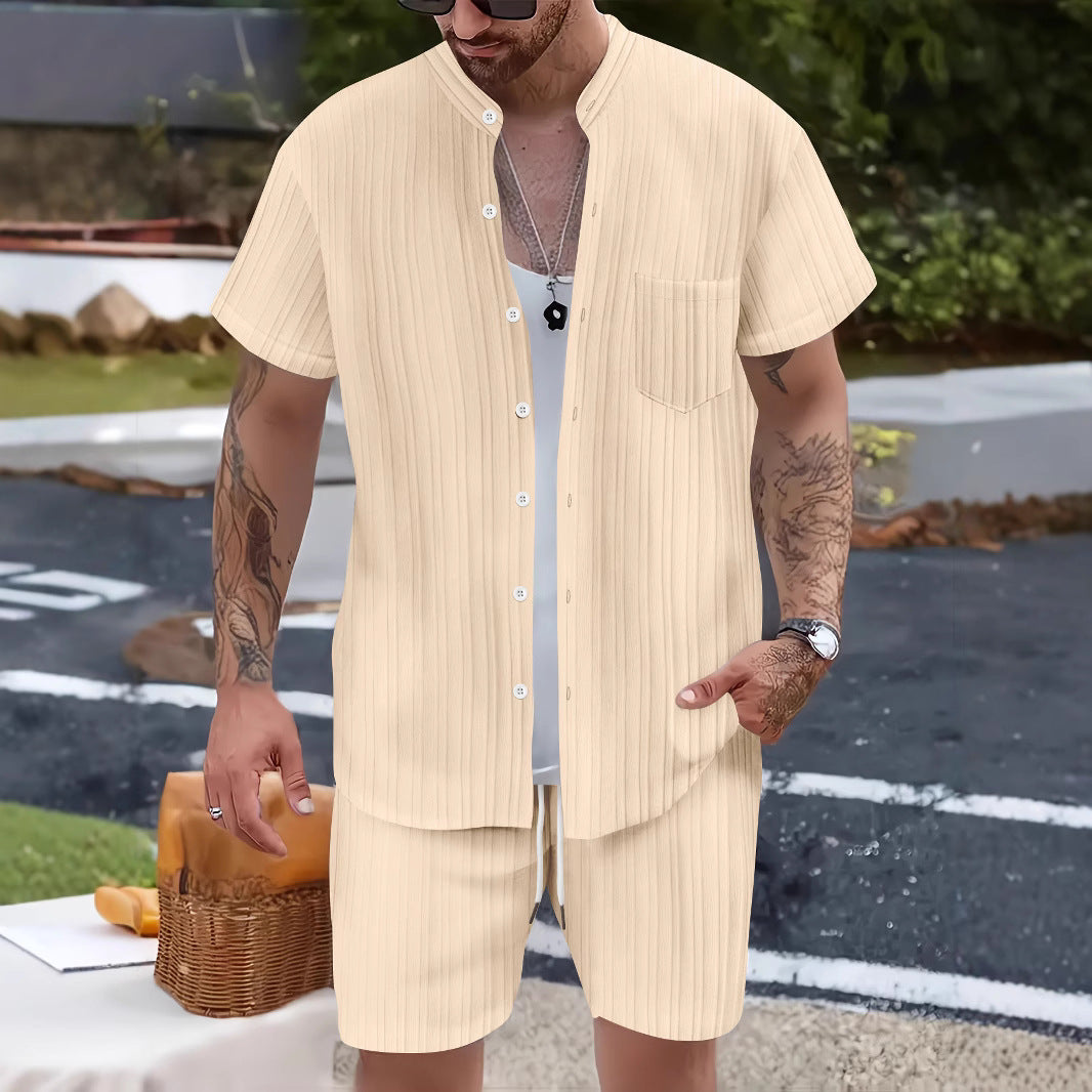Fashionable Casual Stand Collar Pocket Short-Sleeve Shirt And Mens Shorts Two-Piece Set Viral Finds Hub