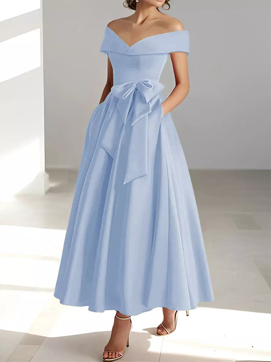 Satin Gown New Style Banquet Dress Off-shoulder Midi Length Viral Finds Hub