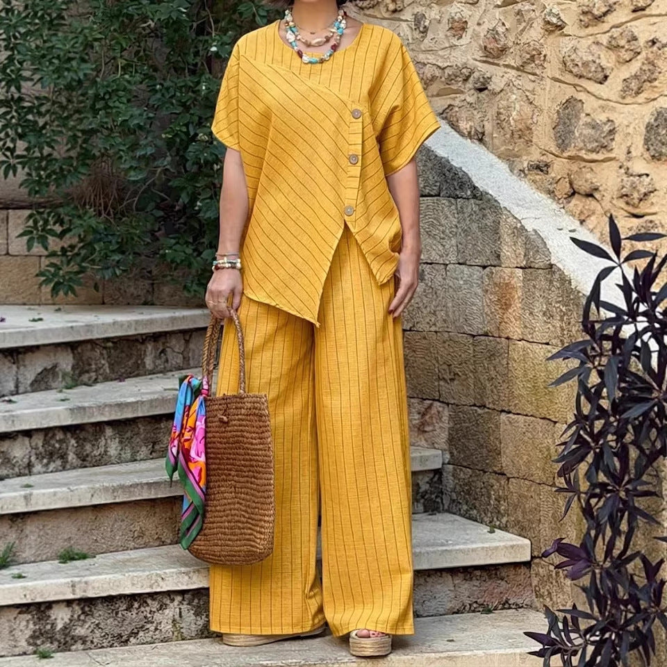 Striped Short-sleeve Shirt And Loose-fitting Pants Two-piece Set Viral Finds Hub