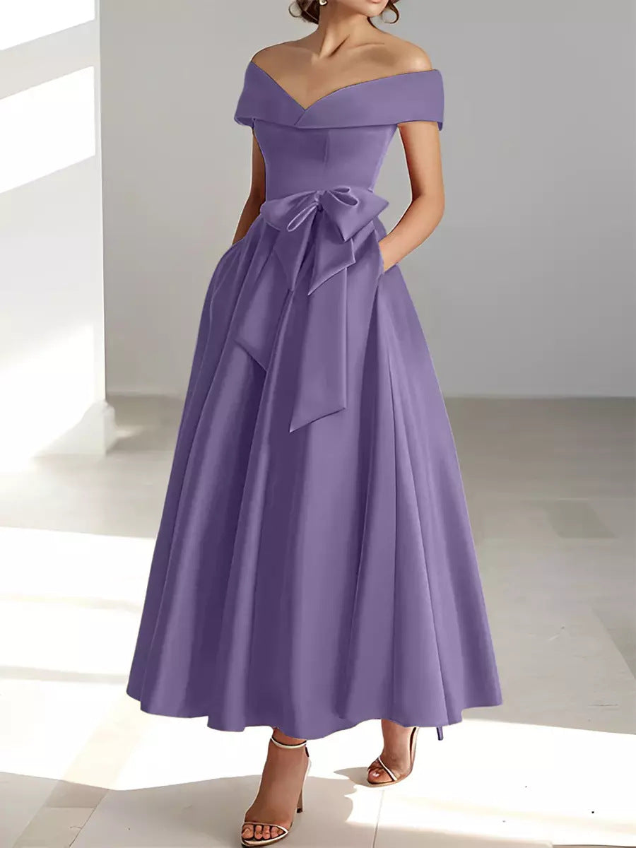 Satin Gown New Style Banquet Dress Off-shoulder Midi Length Viral Finds Hub