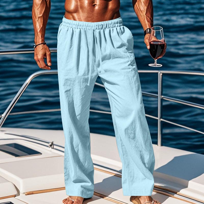 Independent Site European And American Men's Linen Mid-Waist Solid Color With Drawstring Viral Finds Hub