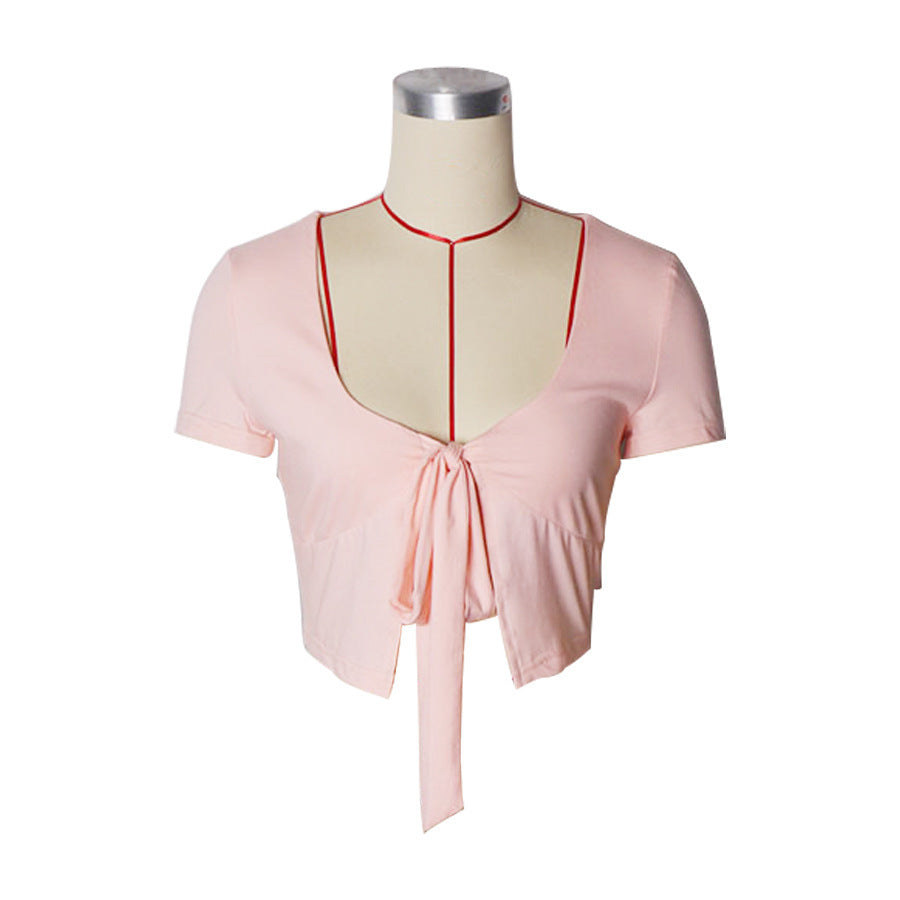 European And American Women's Clothing Summer Short-sleeved Top Lace-up Cotton T-shirt Viral Finds Hub