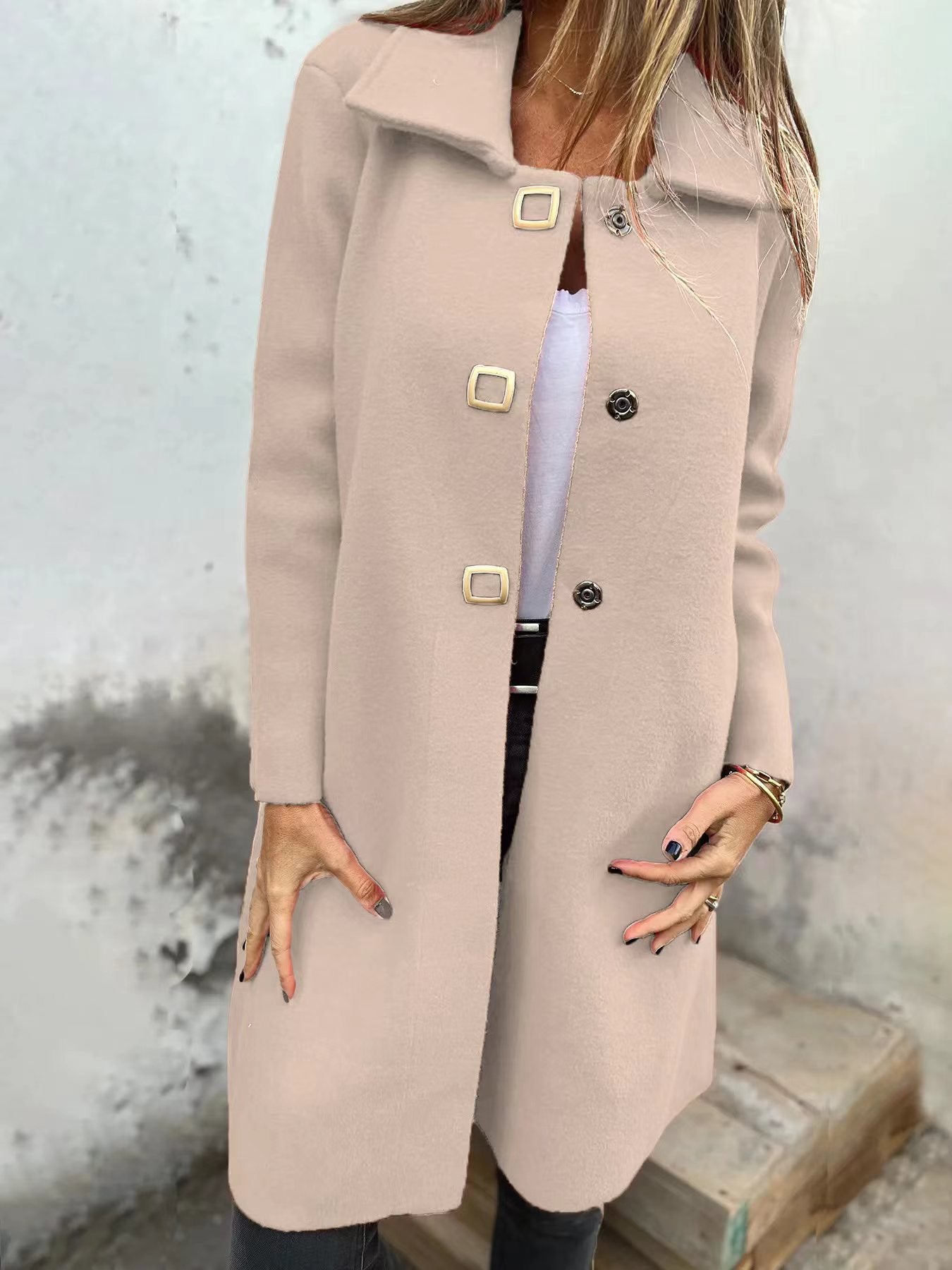 Women's Solid-color Mid-length Wool Coat With A Single-breasted Design Cashymart