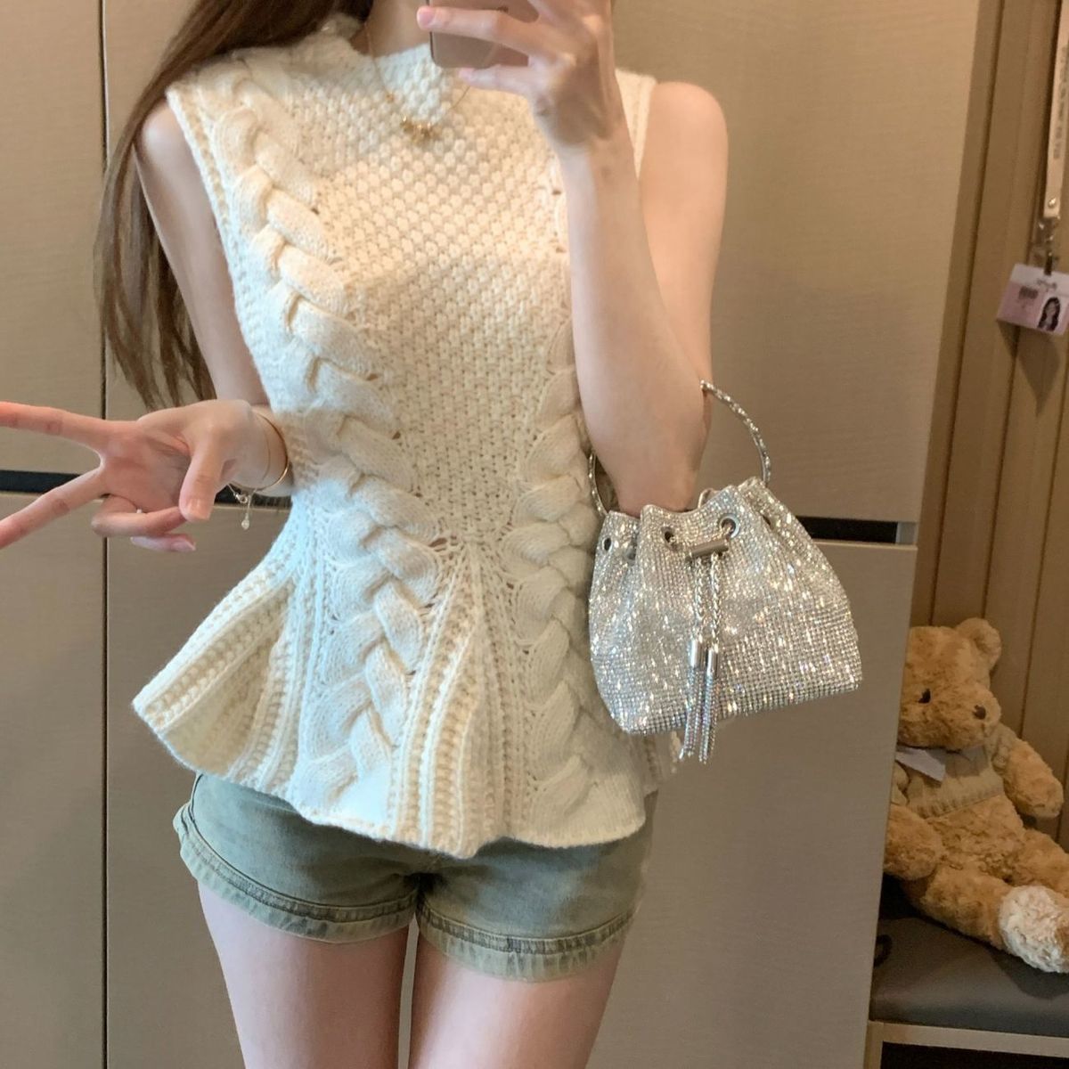 Knitted Chic Waist-Cinching Cable-Knit Sleeveless Vest Viral Finds Hub