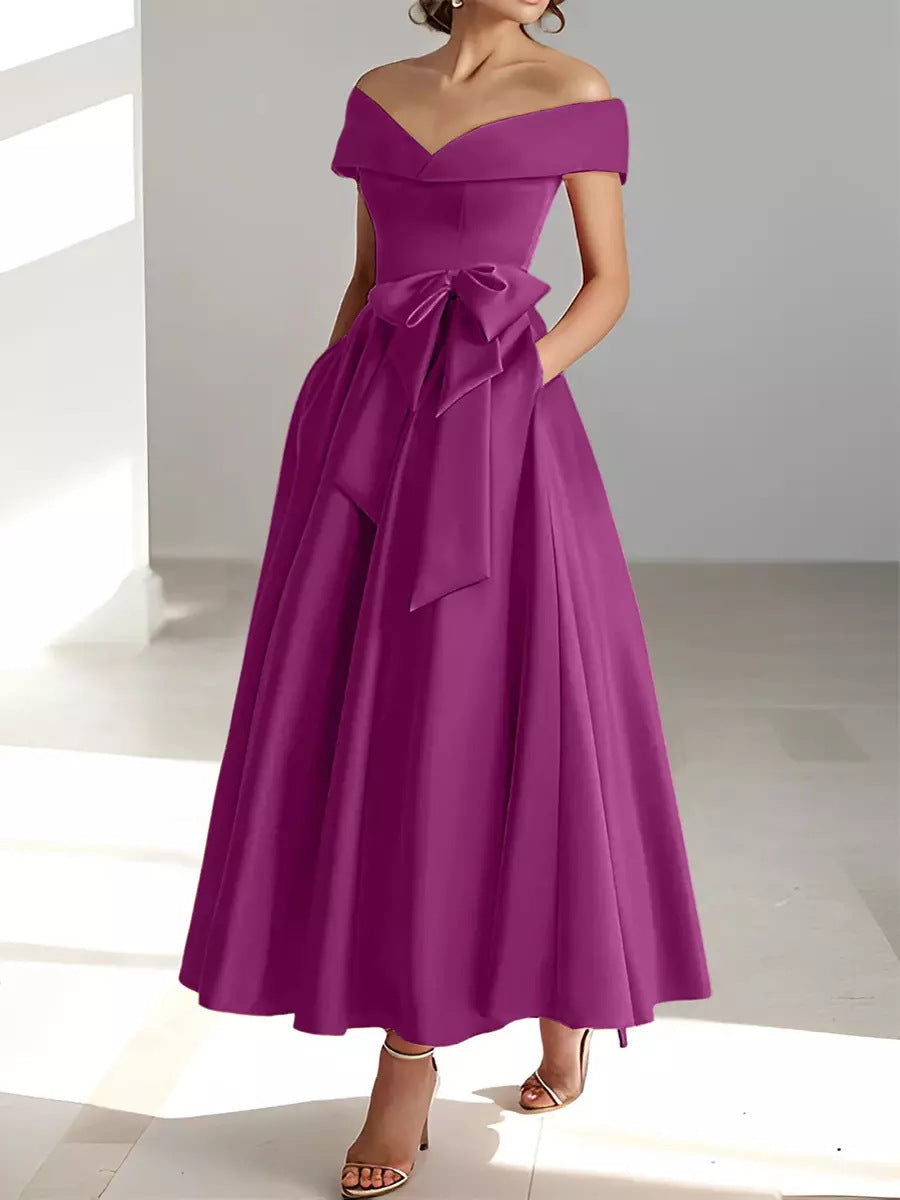 Satin Gown New Style Banquet Dress Off-shoulder Midi Length Viral Finds Hub