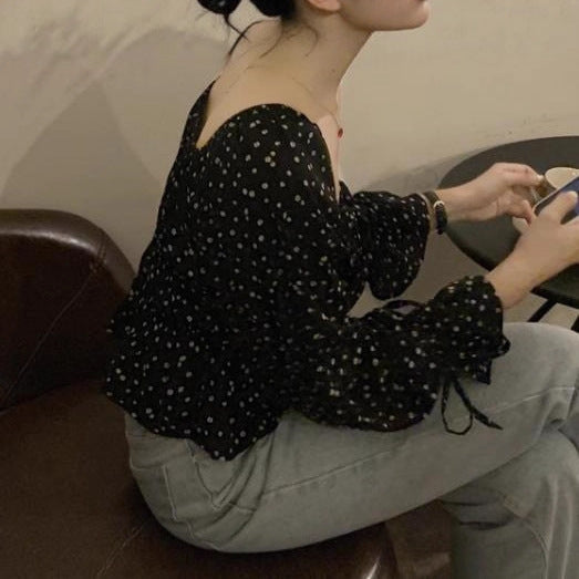 French-style Off-shoulder Square-neck Puffed-sleeve Black Floral Chiffon Blouse Viral Finds Hub