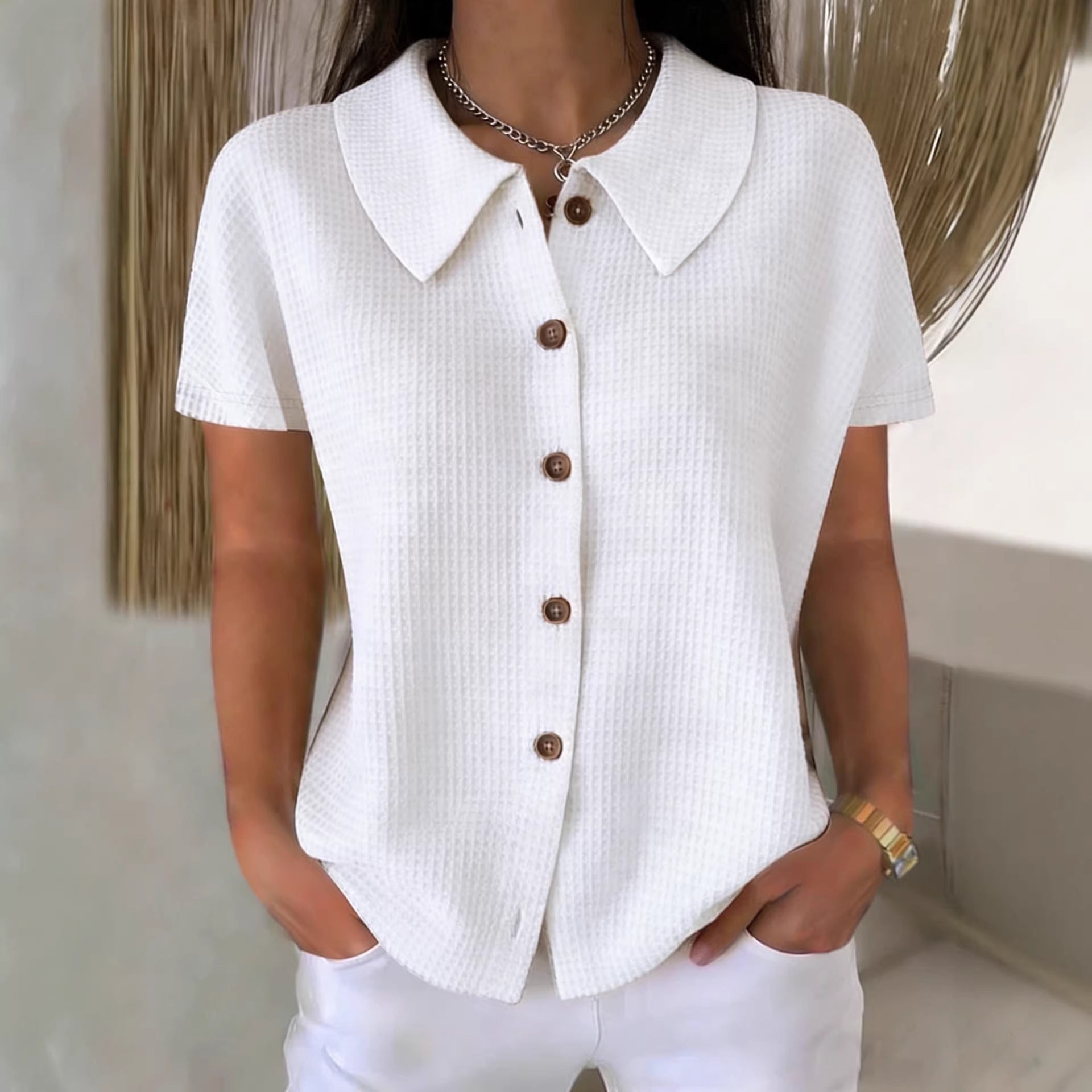 Turn-Down Collar Waffle Weave Solid Color Casual Loose Fit Short Sleeve Shirt - Women's Cotton Blend Lightweight Summer Top For Daily Wear Viral Finds Hub