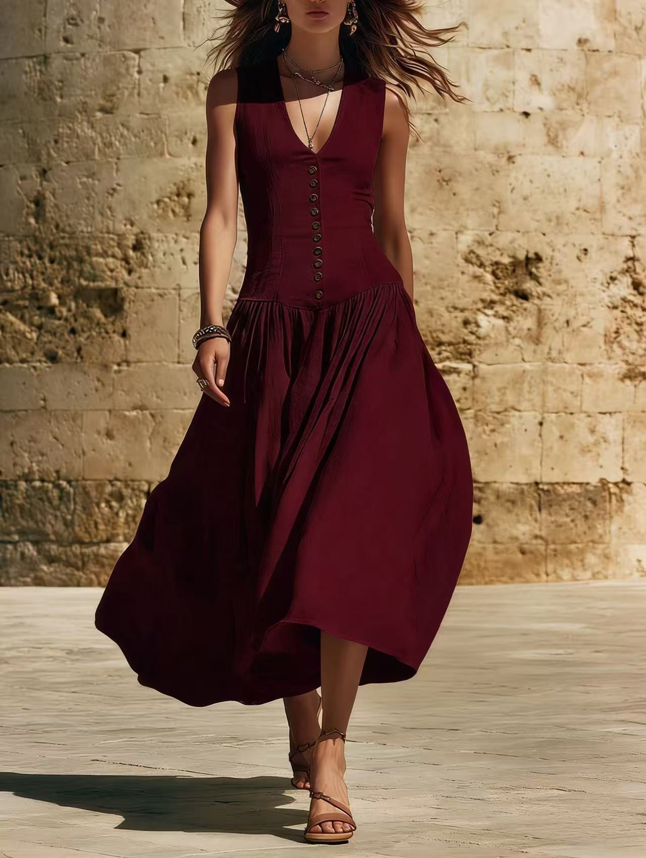 V-Neck Buttoned Chic Elegant Sleeveless Cotton-Linen Dress Viral Finds Hub