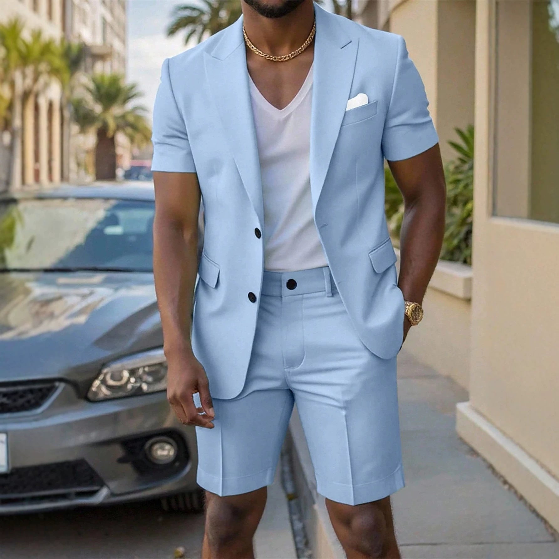 Mens Solid-Colored Gentleman Short-Sleeve Two-Piece Suit Viral Finds Hub
