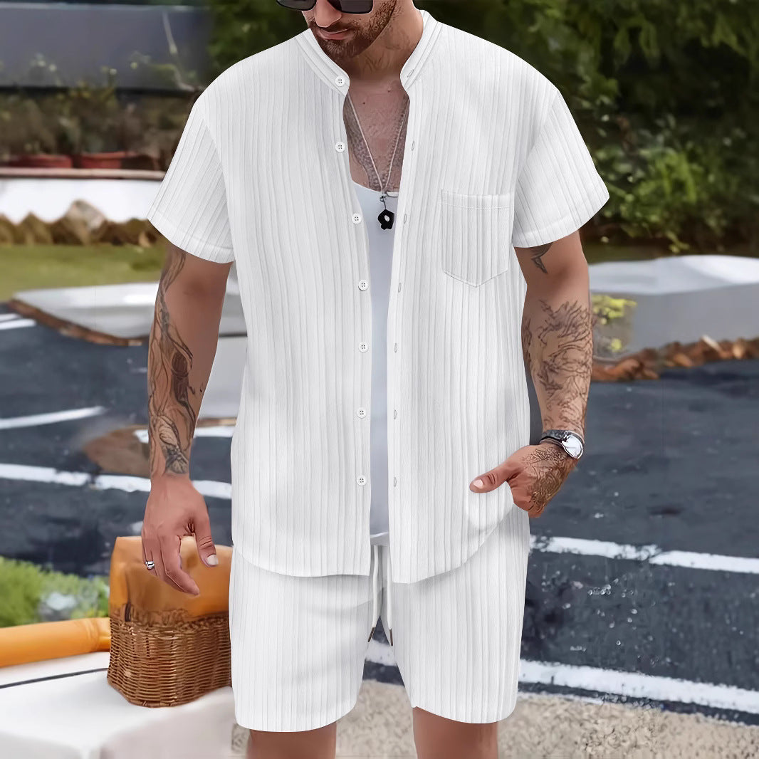 Fashionable Casual Stand Collar Pocket Short-Sleeve Shirt And Mens Shorts Two-Piece Set Viral Finds Hub