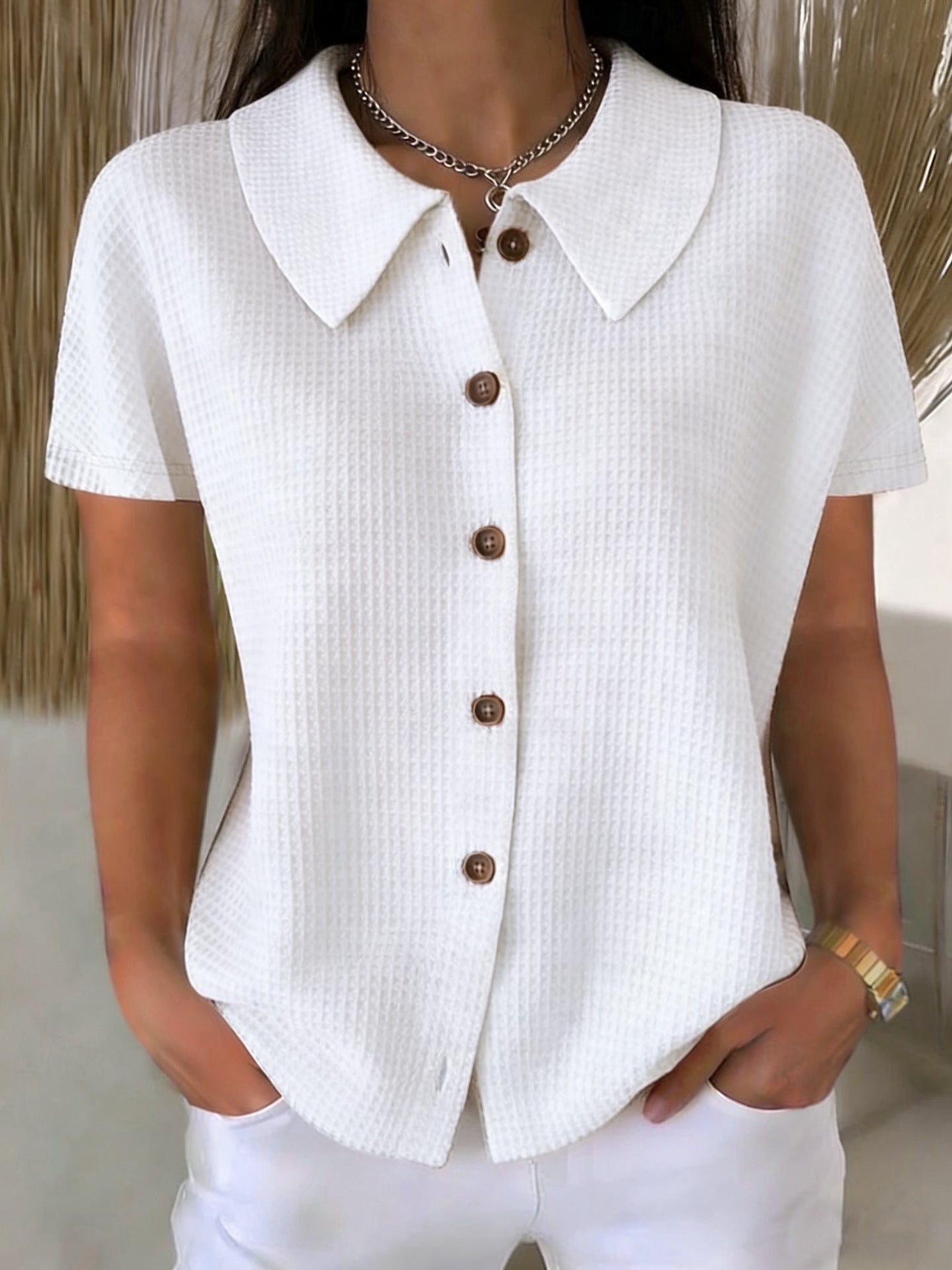 Turn-Down Collar Waffle Weave Solid Color Casual Loose Fit Short Sleeve Shirt - Women's Cotton Blend Lightweight Summer Top For Daily Wear Viral Finds Hub