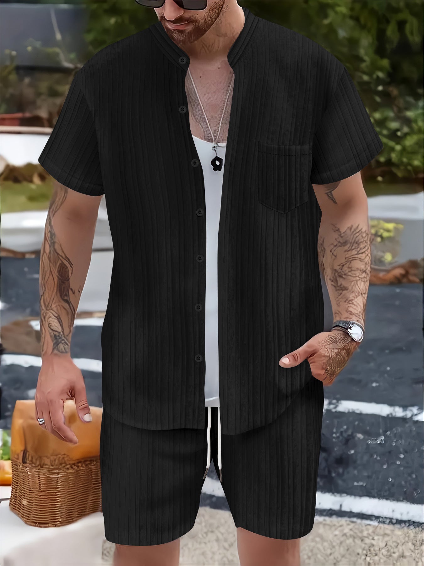 Fashionable Casual Stand Collar Pocket Short-Sleeve Shirt And Mens Shorts Two-Piece Set Viral Finds Hub