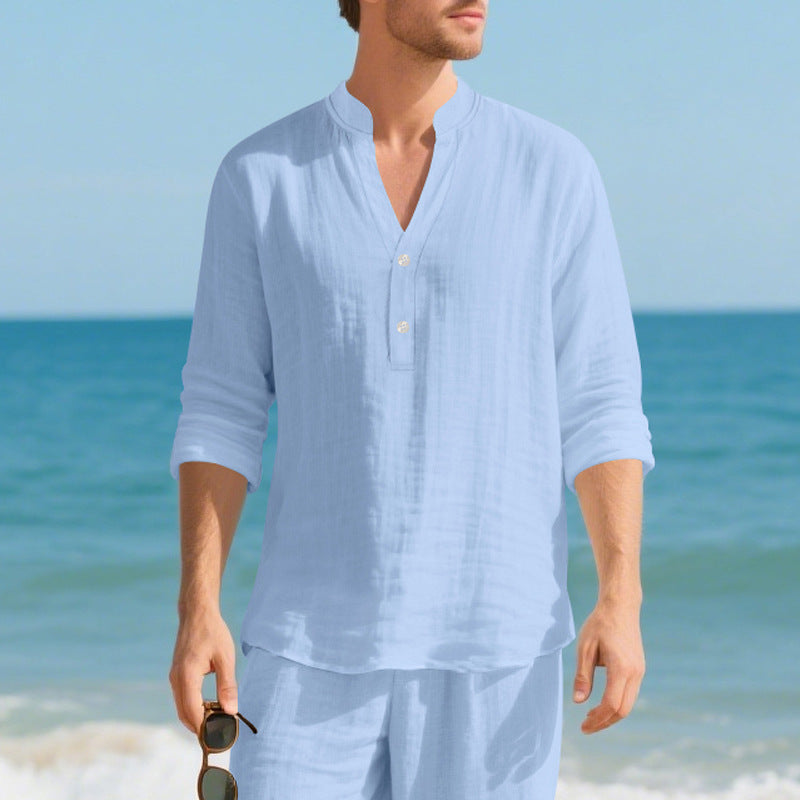 Autumn Linen Men's Long-Sleeve T-Shirt With Stand Collar And Buttons Viral Finds Hub
