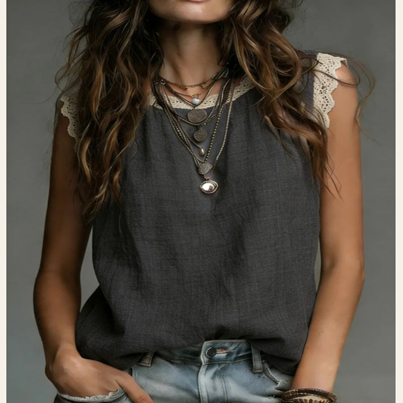 Womens Lace-Patchwork Crew-Neck Sleeveless Cotton-Linen Shirt Viral Finds Hub