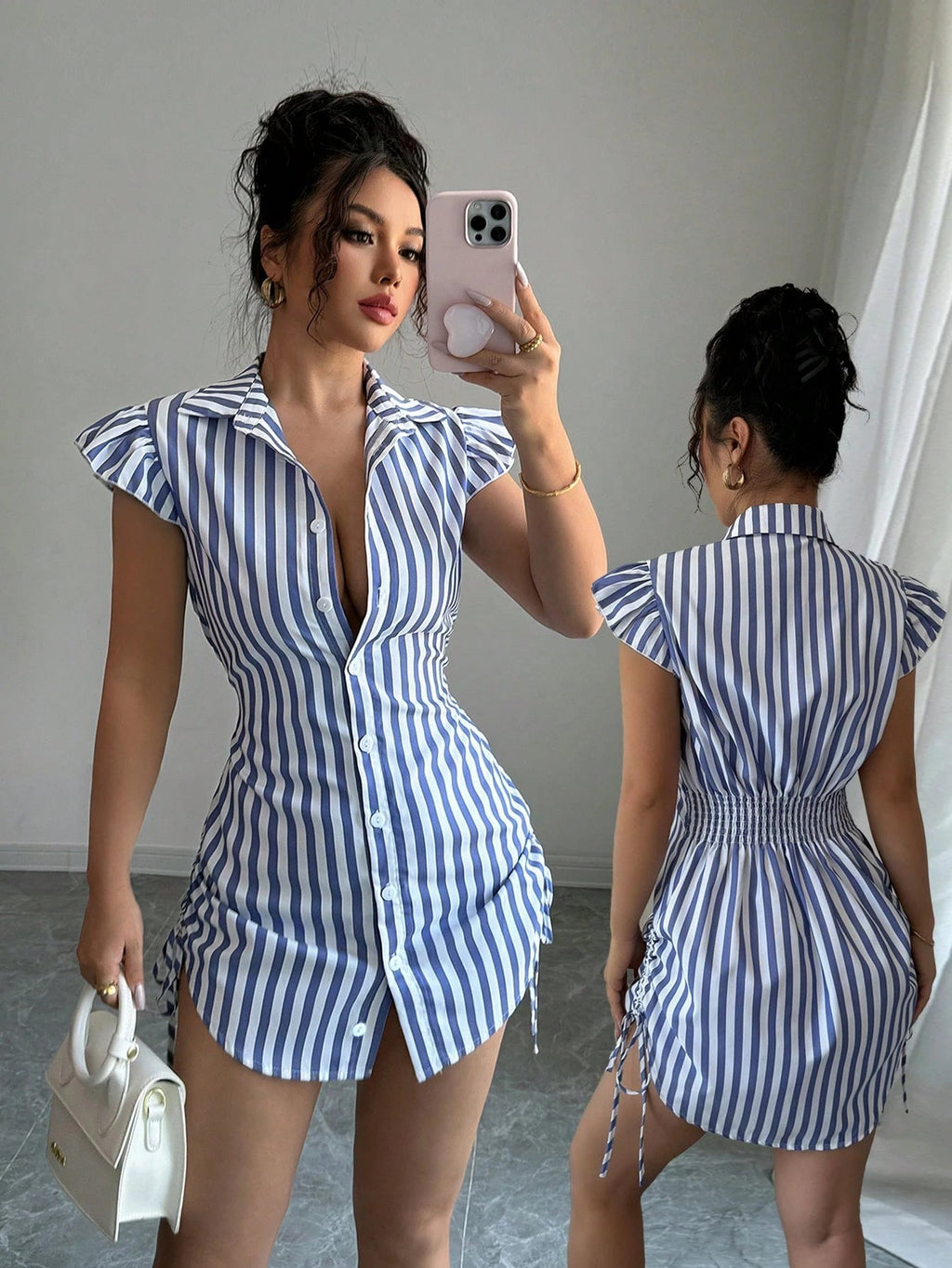 Striped Shirt-collar Casual Waist-cinched Chic Dress Viral Finds Hub