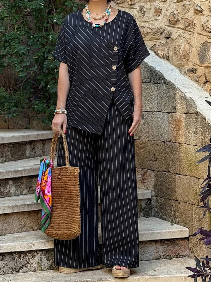 Striped Short-sleeve Shirt And Loose-fitting Pants Two-piece Set Viral Finds Hub
