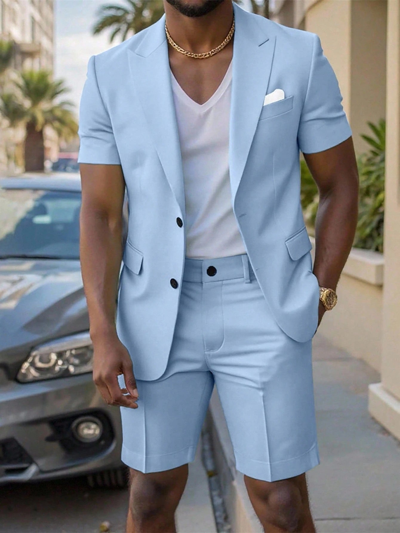 Mens Solid-Colored Gentleman Short-Sleeve Two-Piece Suit Viral Finds Hub