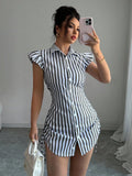 Striped Shirt-collar Casual Waist-cinched Chic Dress Viral Finds Hub